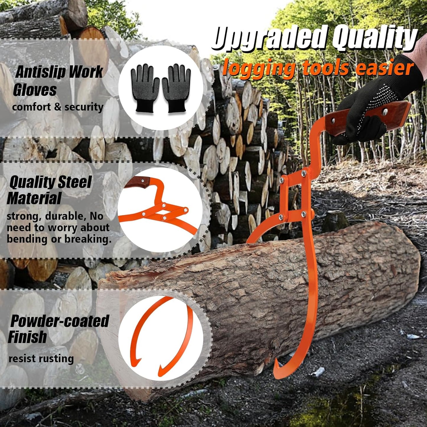 Log Grabber 20", 440LBS Logging Tongs with Gloves Handle Non-Slip Grip Hook, 2 Claw Skidding Tongs, Handling, Grapple Lifting, Dragging Carrying Tool