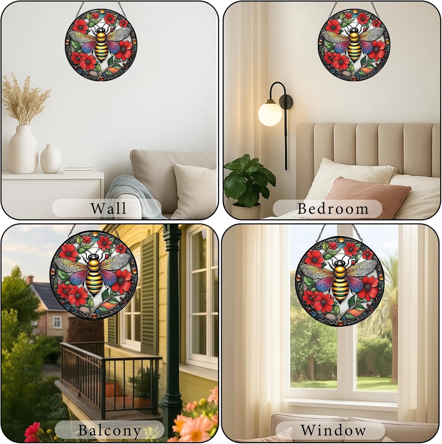 Bee Suncatchers for Windows Hanging - 8 inches Stained Glass Sun Catchers Indoor Window, Suncatcher Stain Glass Window Hanging for Home Decor, Gifts for Holiday Wall Art