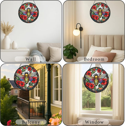 Bee Suncatchers for Windows Hanging - 8 inches Stained Glass Sun Catchers Indoor Window, Suncatcher Stain Glass Window Hanging for Home Decor, Gifts for Holiday Wall Art