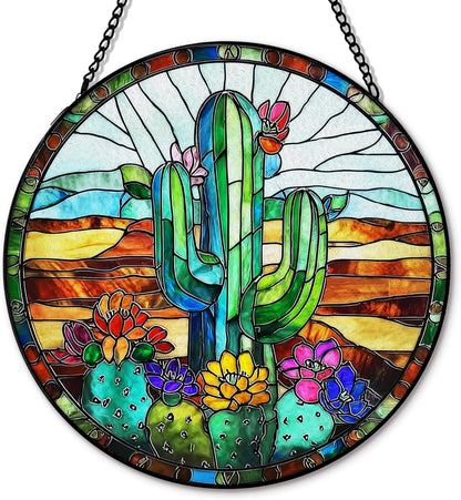 Cactus Suncatcher Stained Glass Garden Window Hanging, Southwestern Desert Cactus Flower Sun Catchers Indoor Window Glass Round Wall Decor, Southwestern Wall Art Hanging Decorations, ＂7.8x7.8＂