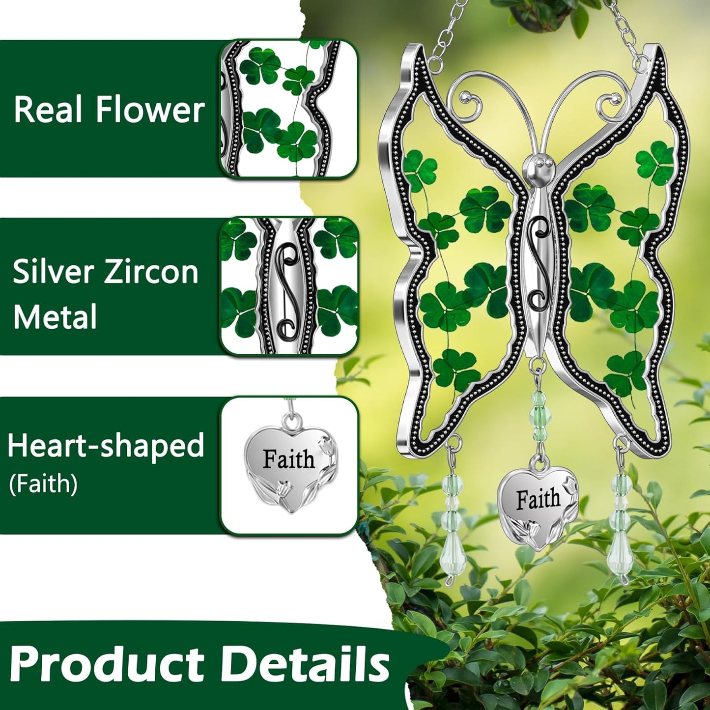 KY&BOSAM Shamrock Butterfly Suncatcher Faith Stained Glass Irish Suncatchers for Windows Hangings Ornament Wind Chimes With Real Flower in Glass as Brithday Gift for Mothers Day St Patrick's Day Decor