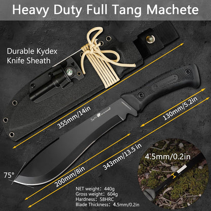 HX Outdoors 14 Inch Bush Machete Kukri Knife, Premium D2 Steel Full Tang Gardening Machete Knife with Kydex Sheath for Outdoor, Camping, Clearing Brush (Black)