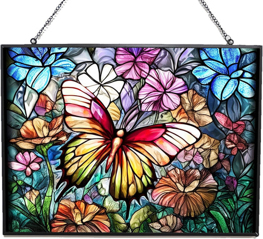Rectangle Butterfly Suncatchers for Windows, Stained Glass Window Hangings,Hand-Painted Glass Panel Perfect for Home Décor