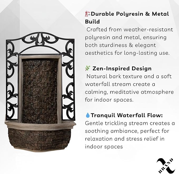 30" Wall Mounted Water Fountain – Indoor Outdoor, Black Stone Finish, Cascading Waterfall Decor