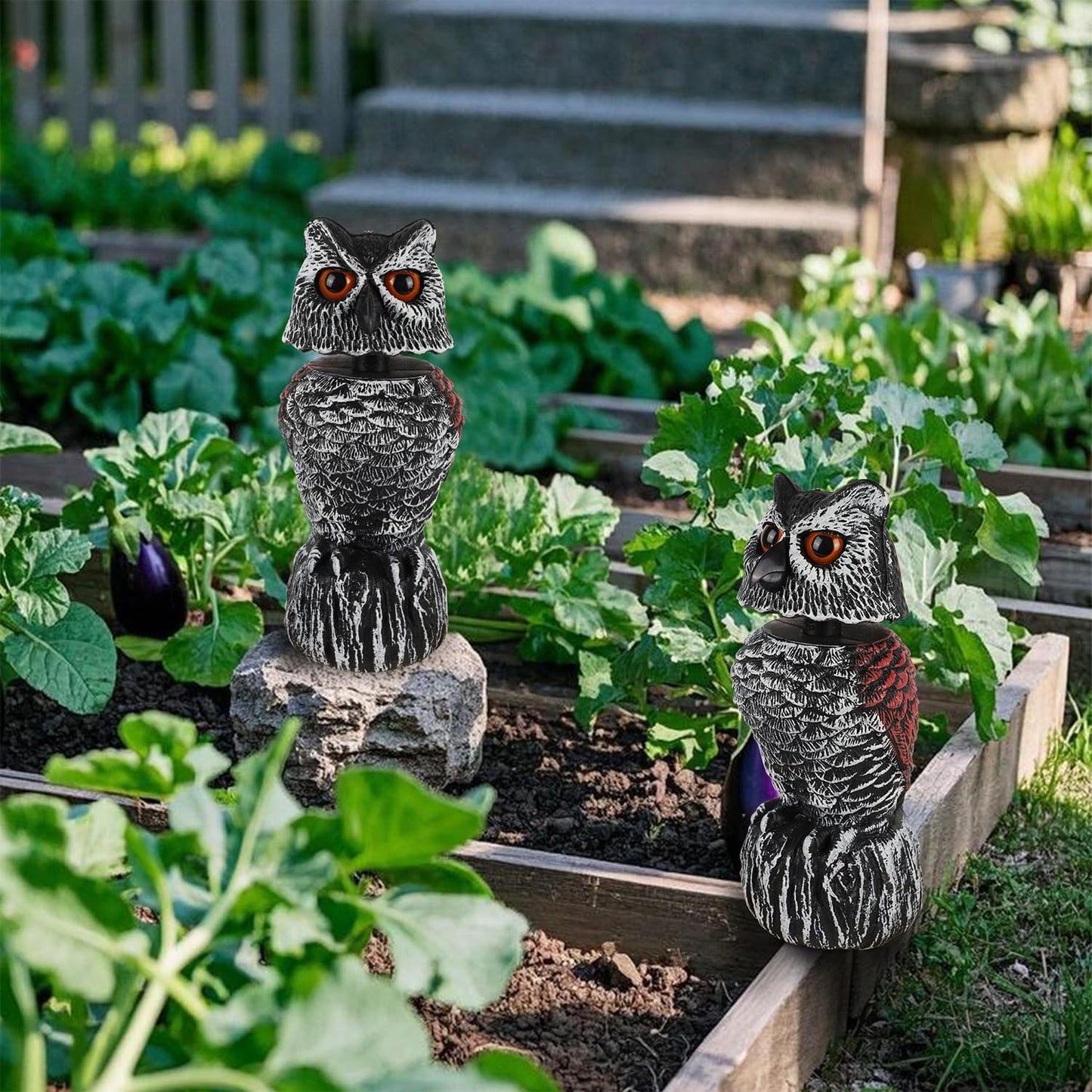 Hausse 2 Pack Fake Owl Decoy to Scare Birds Away, 11.2 inch Wagging Head Plastic Owl Scarecrow Bird Deterrents, Owls Statue Nature Enemy Horned Pest Repellent for Outdoor Garden Yard