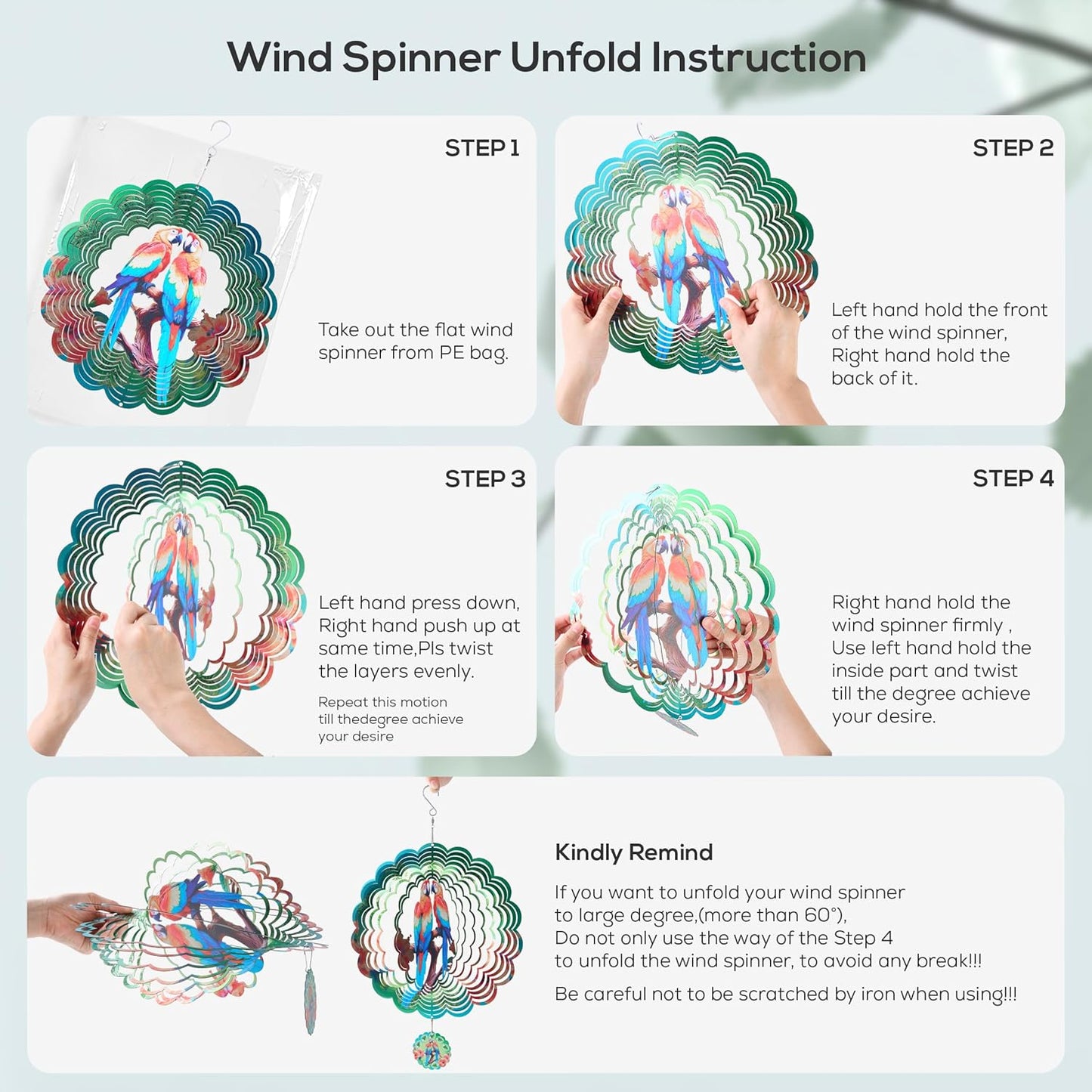 Parrot Ornaments, 12 Inches 3D Aluminum Metal Hanging Wind Spinners, for Garden Decor That Spins with The Help of Wind Energy.