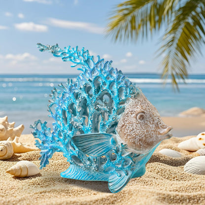 VVGIFTS Beach Coastal Decor Coral Reef Angelfish Home Office Desk Decor Sculpture Statue for Tabletop Shelf Bathroom Decoration Ornament Gift (Turquoise and Blue)