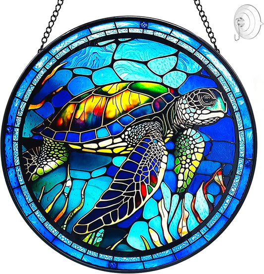 Stained Glass Turtle Suncatcher Window Hanging - Handmade Sea Turtle Suncatchers for Windows with