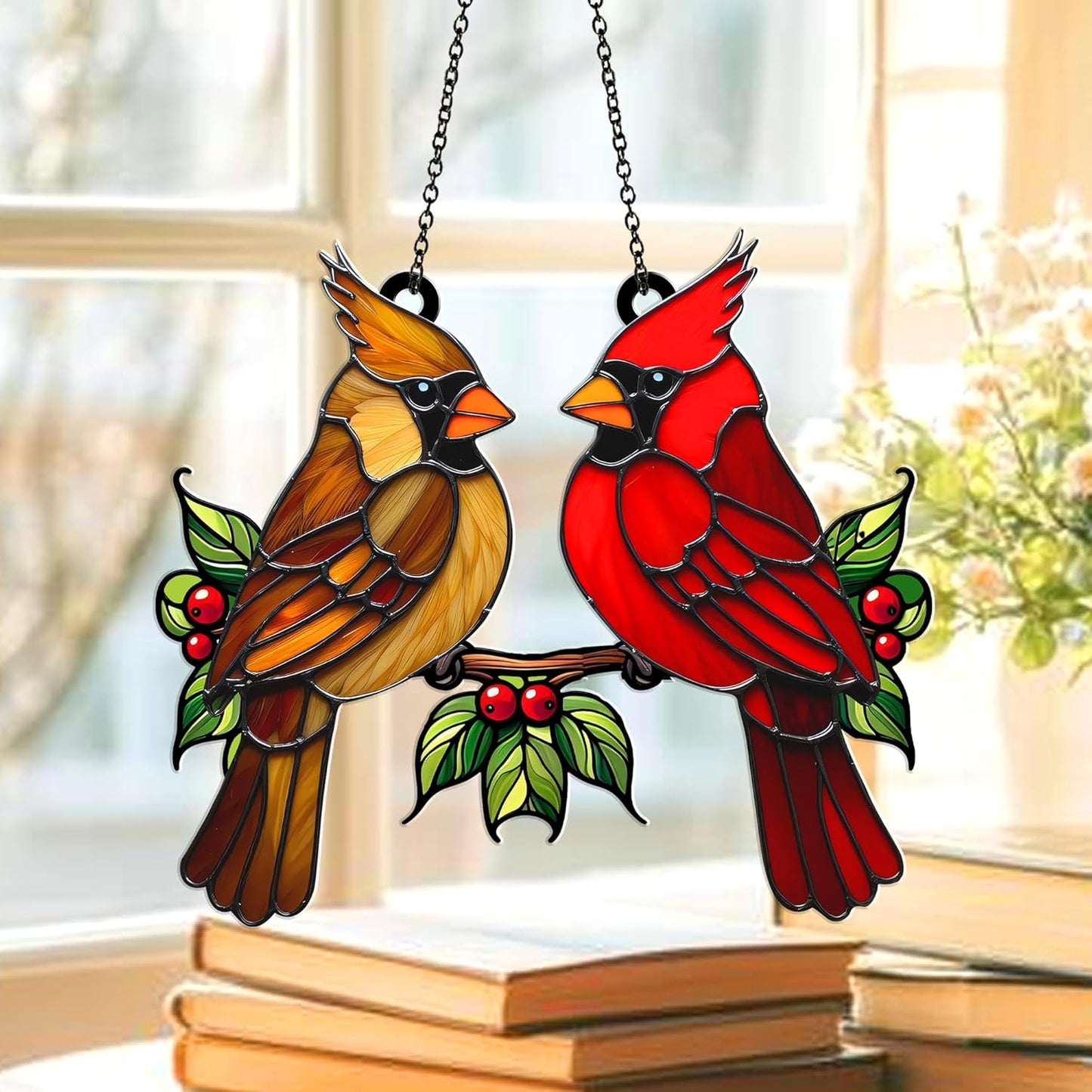 Cardinal Bird Suncatcher – Acrylic Window Hanging Ornament, Red & Brown Cardinal Couple, Memorial Bird Sun Catcher Gift for Mom, Nature Garden Window Decor (Sun-32)