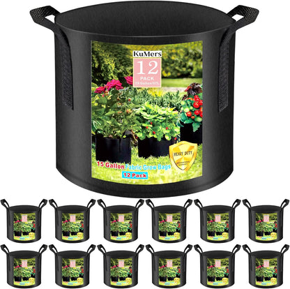 12 Pack Grow Bags 15 Gallon, 300G Heavy Duty Thickened Non-Woven Plant Bag Plant Fabric Pots with Handles Planting Bags, Pot for Plants