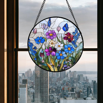 Stained Glass Window Hanging Blue Purple Wildflowers Large 11.8" - Suncatcher Door Garden Sunroom Sun Catcher Home Decor Birthday Christmas for Mom Men Woman Nana Friend