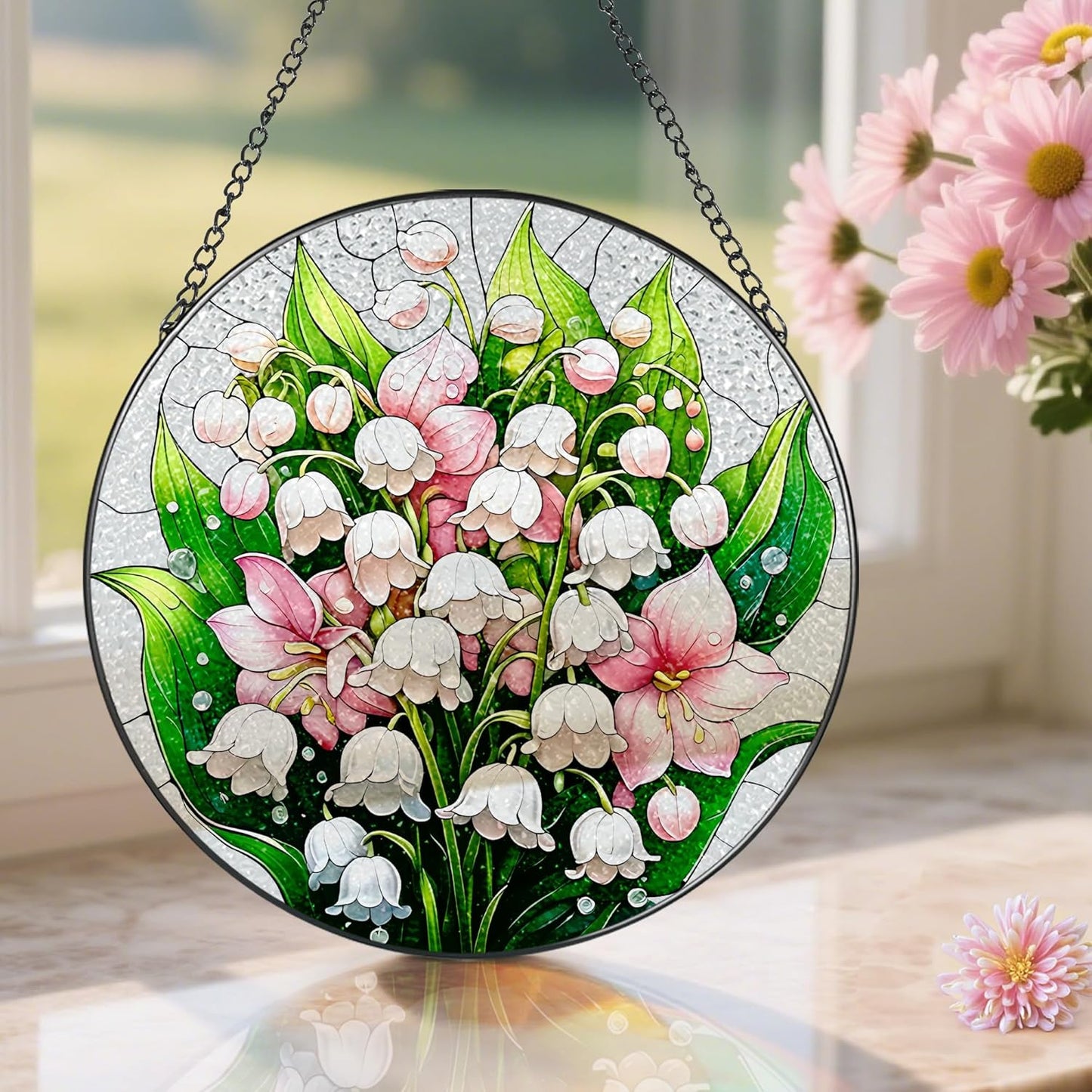 8-Inch Stained Glass Ornament, Stained Glass Window Hanging, Window Hanging Decor Suncatcher, The Valley Lily Flower Ornament | Holiday, Mother's Day, Birthday | Gifts for Flower Lovers, Mom & Grandma