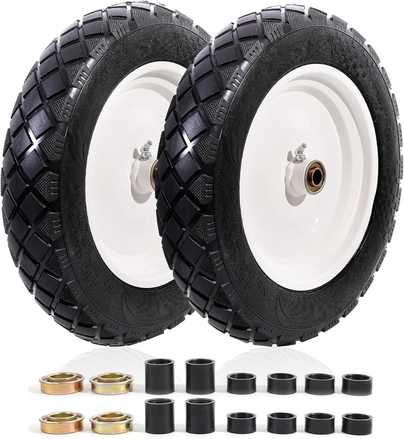 MZREXN 4.80/4.00-8" Flat Free Tire and Wheel 15" Solid Wheelbarrow Tires, 3.00-4.00/4.80-8" with 5/8" & 3/4" Bearings, 3" Centered Hub for Hand Truck Garden Trailers Utility Cart Yard Wagon 2PCS White