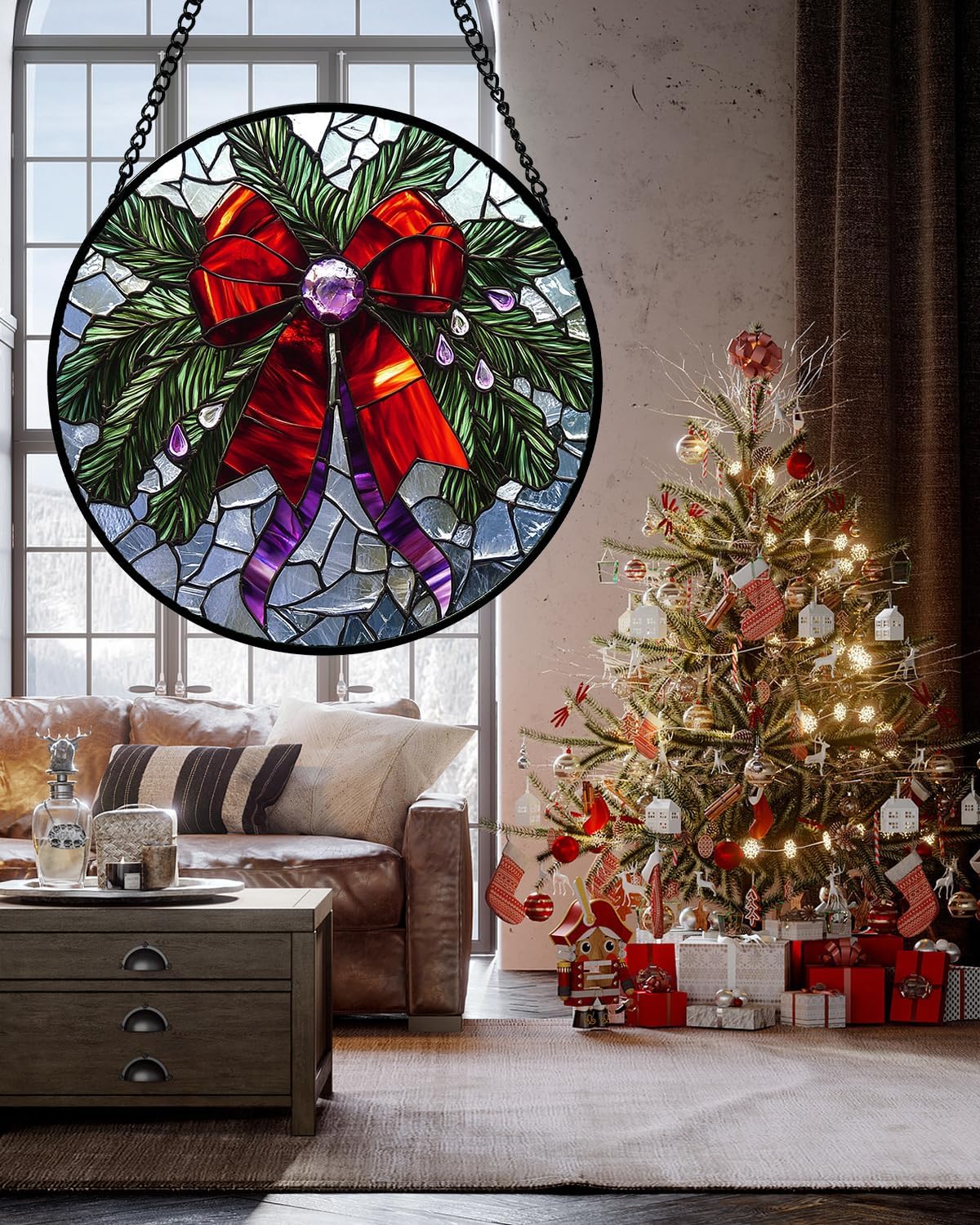 Stained Glass Window Hanging - Purple Gem Christmas Wreath Suncatcher for Doors Home Christmas Decoration Winter Sun Catcher Thanksgiving New Year Birthday Gifts for Women Men Mom Nana 7.8 in