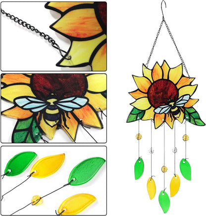 Stained Glass Suncatcher, Sunflower and Ladybug Window Hanging, 20 x 8 inches, Hand-Painted (Style 2)