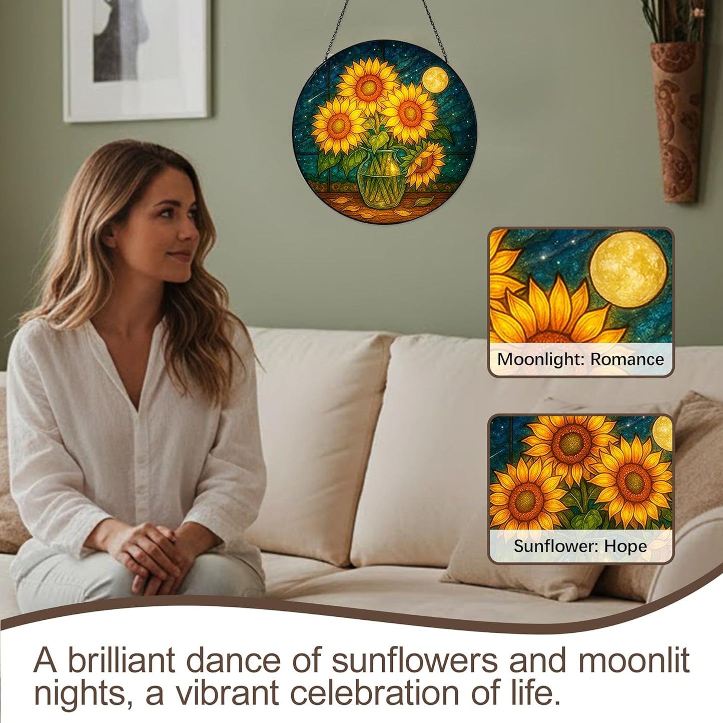 Stained Glass Window Hanging,Sunflower Sun Catchers Stained Glass Panels for Indoor Windows Wall Art Decor, Memorial Gift for Mom Women Wife Men Lovers (7.87inch)