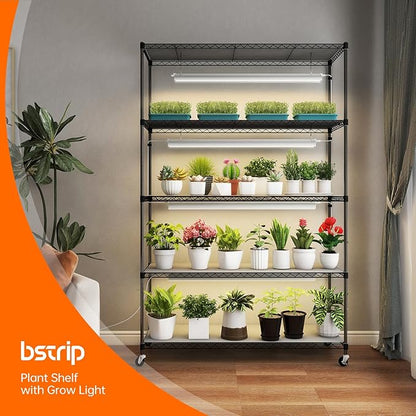 Bstrip Plant Shelf with Grow Lights, 5 Tier Large Tall Plant Stand with 3FT T5 144w Grow Light for Indoor Plants, 3 Mode Full Spectrum LED Plant Light with wheel and Timer for Seedling, 47.2x17.8x71IN