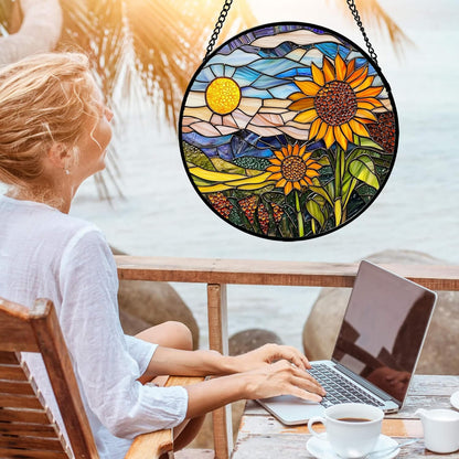 Stained Glass Suncatcher, Sunflower Flowers Landscape Sun Catcher Plant Mountains Stain Glass Window Hanging Decoration Mother's Day Birthday Gifts for Women Men Mom Nana 7.8 in
