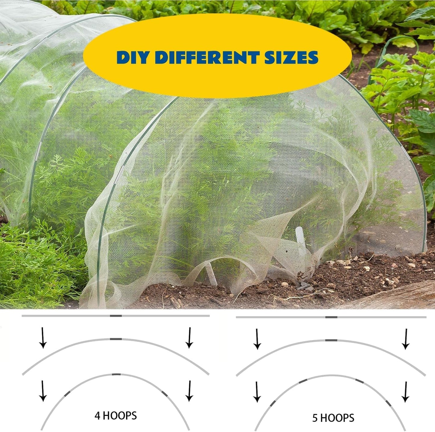 Garden Hoops and Mesh Netting Kit, Ultra Fine,Pest-Proof Cover 36Pcs Garden Tunnel,Plant Covers 8x24 Ft Netting &30 Clips &10Sets of Ground Stakes for Vegetable,Greenhouse Row Cover (Medium)