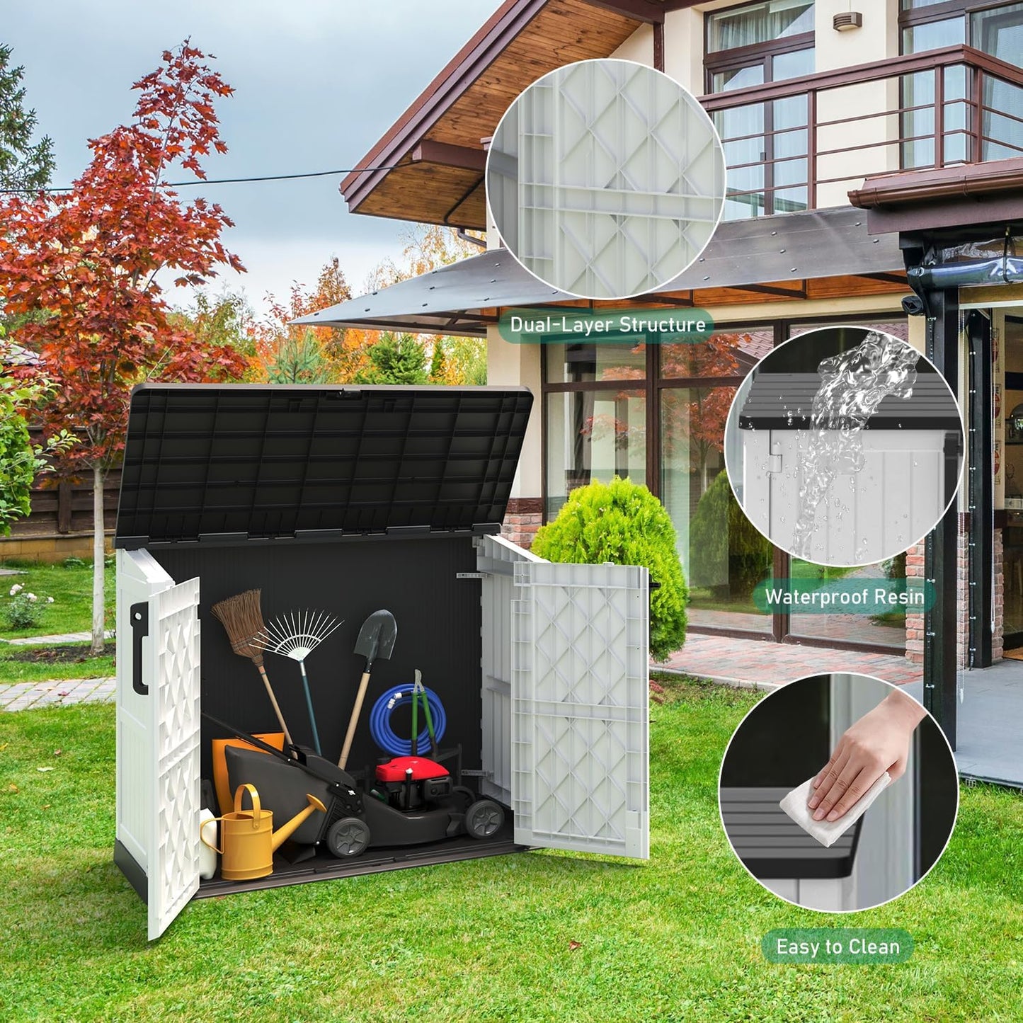KAMABOKO Outdoor Storage Cabinet 36 Cu.Ft Outdoor Trash Can Storage Shed Waterproof Horizontal Storage Shed Outdoor Storage for Backyard, Patio, Poolside (White)