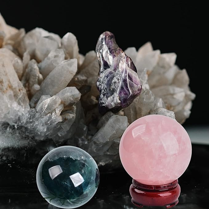 JIC Gem Big Green Quartz Crystal Ball Green Fluorite Healing Gemstone Sphere with Decorative Wooden Stand for Meditation,Home Decoration (80-90mm)