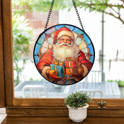 TNUW Christmas Stained Glass Window Hanging, Retro Winter Xmas Santa Claus Sun Catchers Indoor Window Glass Round Wall Art Decor, Christmas Wall Hanging Decorations, 7.9＂x7.9＂