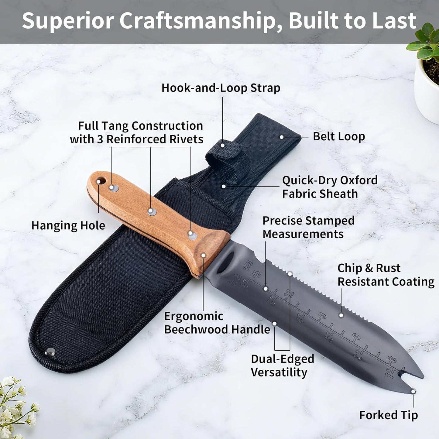 YANG Hori Hori Garden Knife, 7" Stainless Steel Gardening Knife with Oxford Cloth Sheath, Full Tang Beechwood Handle EDC Garden Tool for Dividing Plants & Weeding, Forked Tip for Transplanting