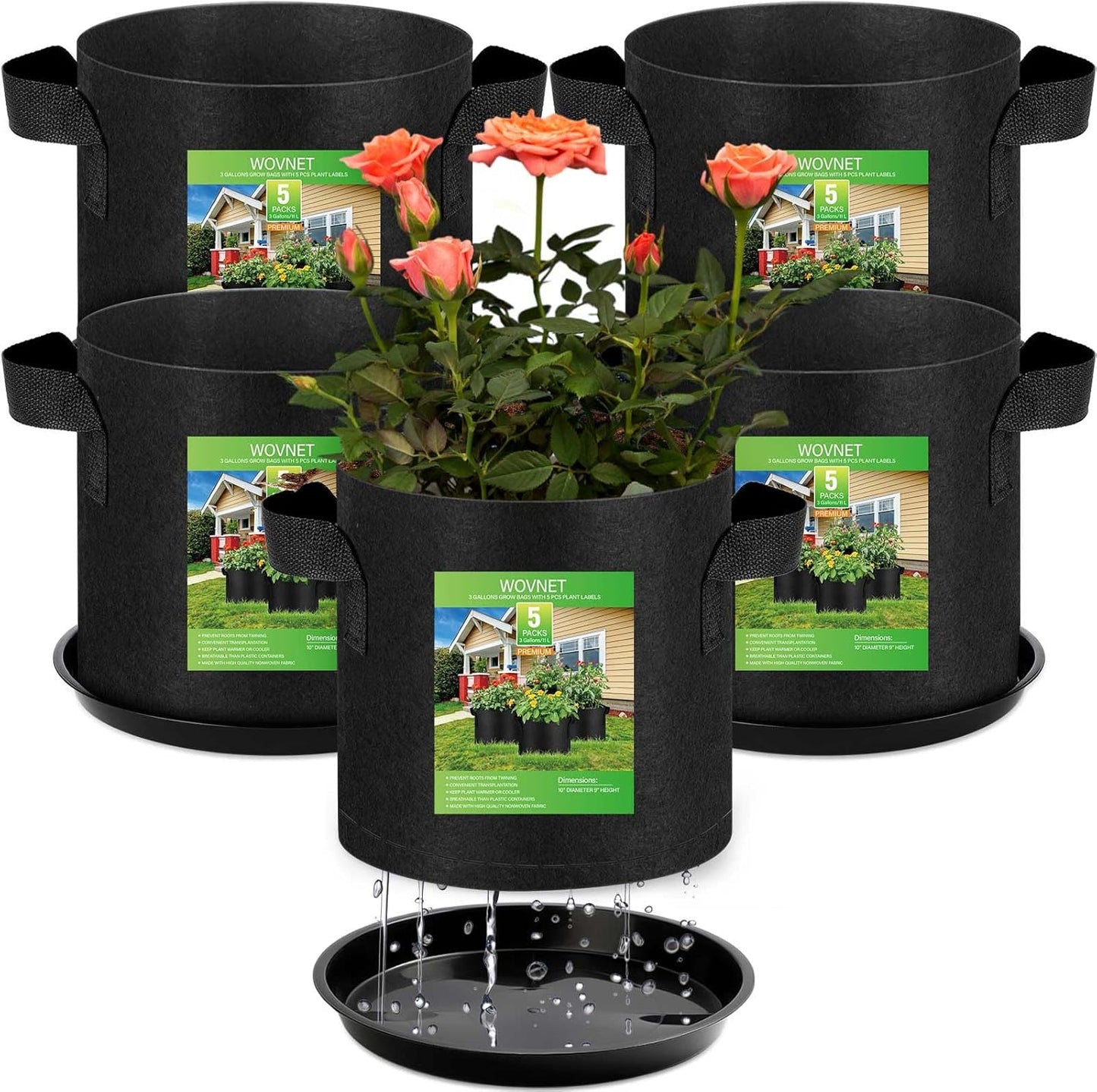 5 Pack 3 Gallon Grow Bags with 5 Plant Saucer and 5 Labels, Sturdy Fabric Plant Pots, Fabric Garden Grow Bags for Vegetables, Aeration Pots with Handles