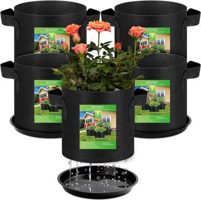 5 Pack 3 Gallon Grow Bags with 5 Plant Saucer and 5 Labels, Sturdy Fabric Plant Pots, Fabric Garden Grow Bags for Vegetables, Aeration Pots with Handles