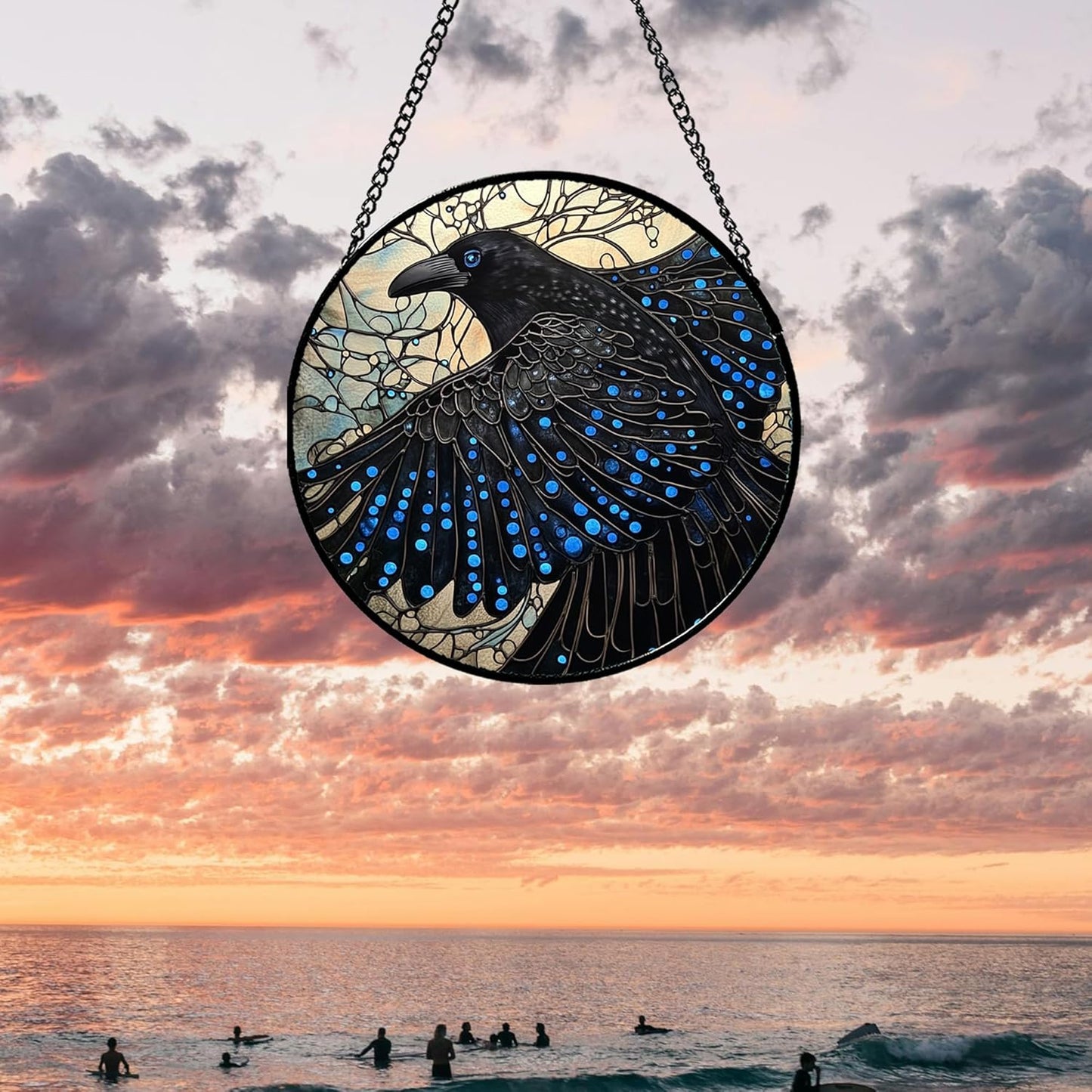 Stained Glass Window Hanging - Black Crow Big Wings Suncatcher for Doors Garden Patio Bird Sun Catchers Decor Christmas Mother's Day Birthday Gifts for Women Men Mom Nana Friend 11.8 in