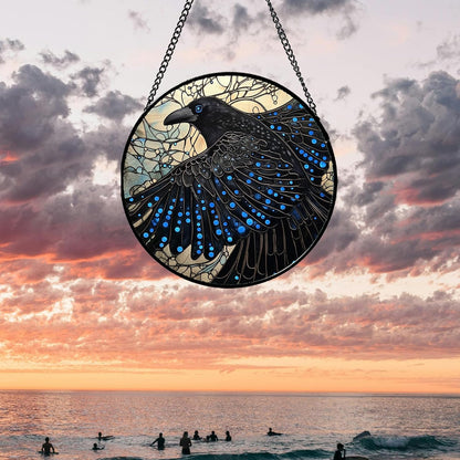 Stained Glass Window Hanging - Black Crow Big Wings Suncatcher for Doors Garden Patio Bird Sun Catchers Decor Christmas Mother's Day Birthday Gifts for Women Men Mom Nana Friend 15 in