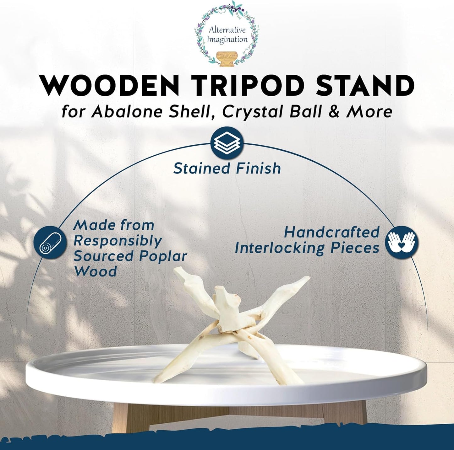 Alternative Imagination 8” Natural Wooden Tripod Stand - Home Decor Holder for Abalone Shell, Crystal Ball, Trinket Dish, Jewelry Dish, Key Bowl, Geode, and More