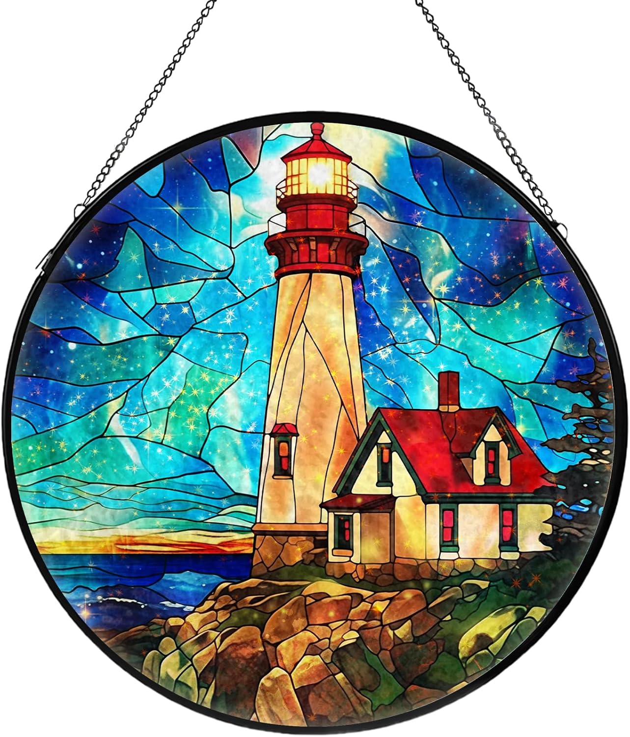 Lighthouse Stained Glass Window Hanging, Suncatcher Diamond Glass Panel Hangings, Suncatchers Indoor Windows Wall Art Decor, Gift for Mom Grandma, Christmas Decor for Home Office Garden 7.87 inches