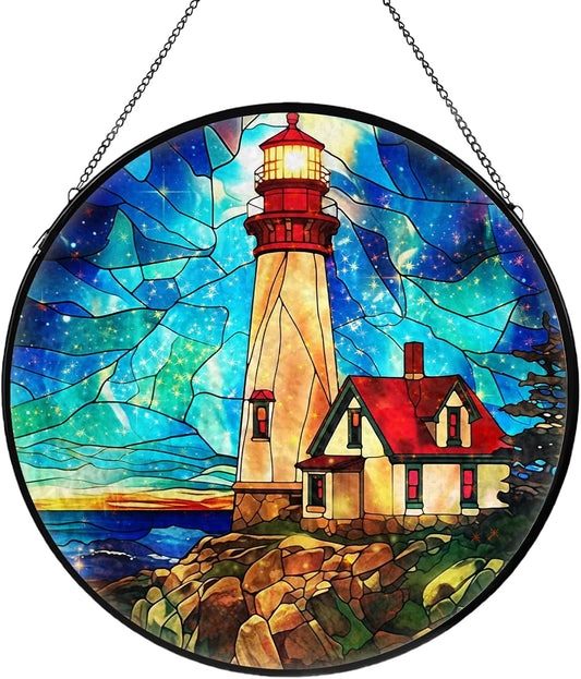 Lighthouse Stained Glass Window Hanging, Suncatcher Diamond Glass Panel Hangings, Suncatchers