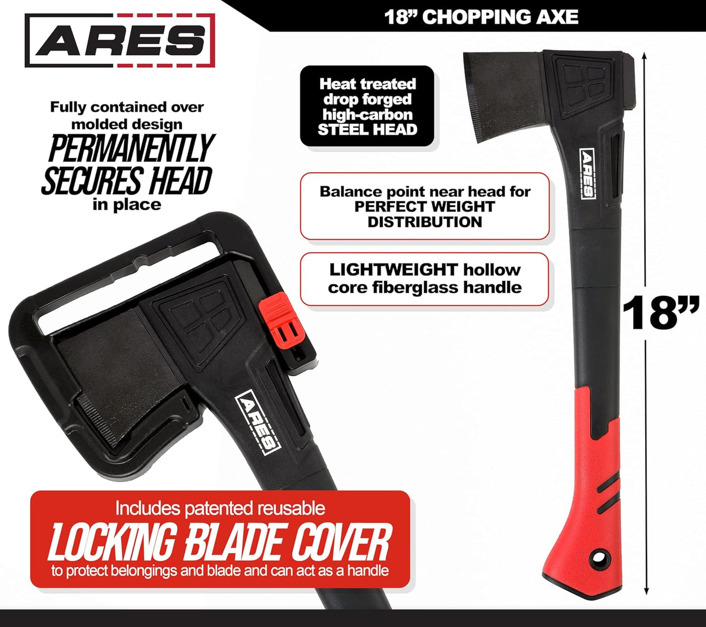 ARES 45005 – 18-Inch Chopping Axe – Lightweight Fiberglass Handle Construction – High-Carbon Steel Blade Head – Gardening, Hiking, and Outdoor/Adventure Applications