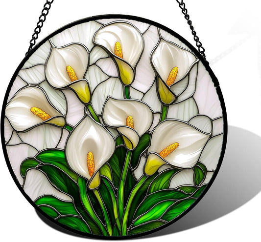 Stained Glass Window Hanging, White Calla Lily Suncatcher Diamond Glass Panel Hangings Flowers Sun