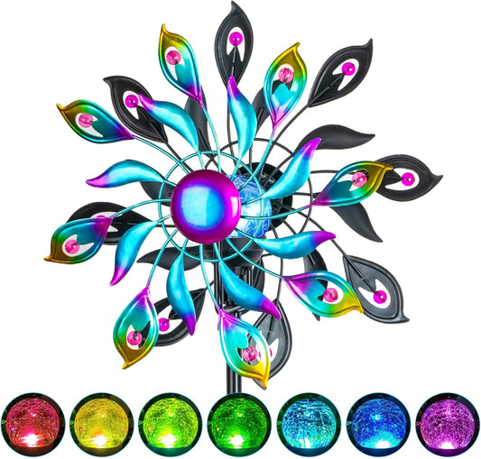 51.9" Peacock Solar Wind Spinner Outdoor Decor – Waterproof LED Lighted Garden Art with Adjustable