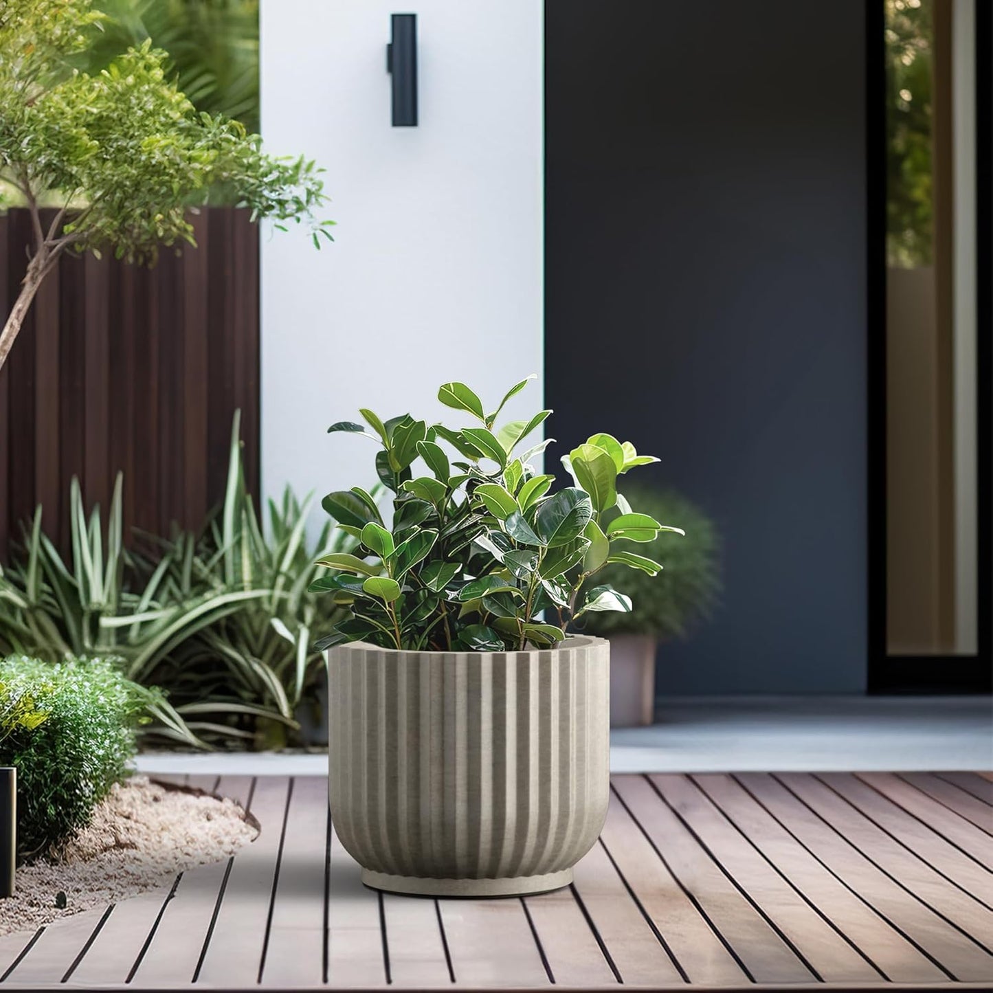 Kante Round Fulted Planter, 14 Inch Dia Large Concrete Plant Pots with Drainage Hole and Rubber Plug, Modern Decor for Indoor Outdoor Plants, Flower, Weathered Concrete