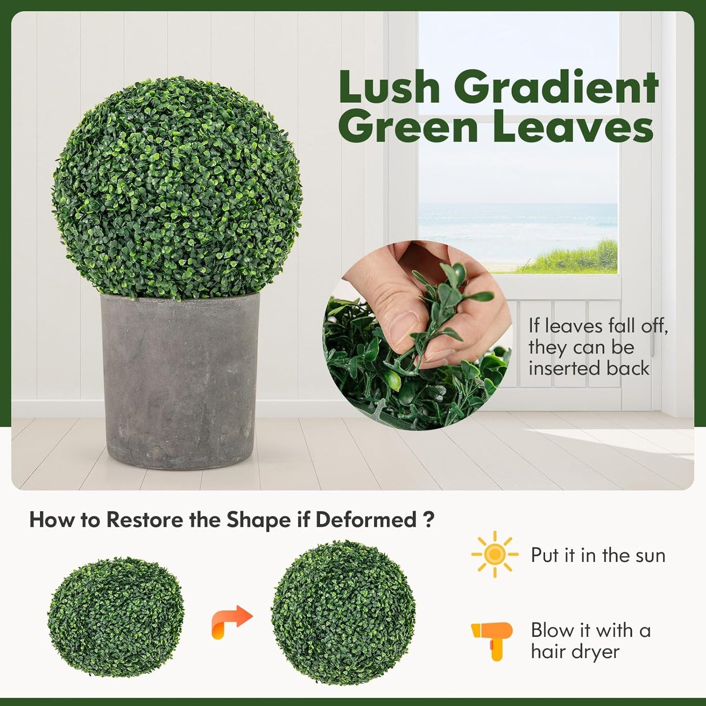 Goplus 2 PCS 16 Inch Artificial Plant Topiary Ball, Round Faux Boxwood Balls Outdoor, Fake Plant Sphere for Front Door, Porch, Backyard, Balcony, Patio, Garden, Wedding and Home Décor