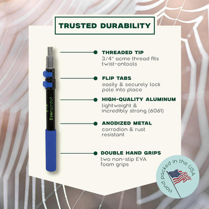EVERSPROUT 8-10 Feet Standing Reach | 1.5-to-3 Foot Cobweb Duster and Extension-Pole Combo & Lightweight 3-Stage Aluminum Pole | Hand-Packaged Indoor/Outdoor Use Brush Attachment