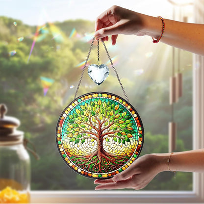 8" Tree of Life Stained Glass Suncatcher for Window, Handcrafted Boho Sun Catcher Decor, Spiritual Nature Ornament Gift for Women, Meditation Garden Home Office Wall Hanging Decoration