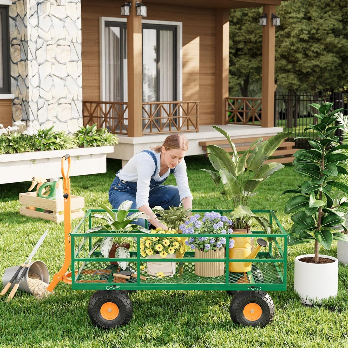 Versatile Garden Cart for Lawn and Yard with Heavy Duty Steel, 1200 Lbs Capacity Mesh Steel Garden Cart Folding Utility Wagon with Removable Side Panels, Long Handle, 10" Tires - Green and Orange