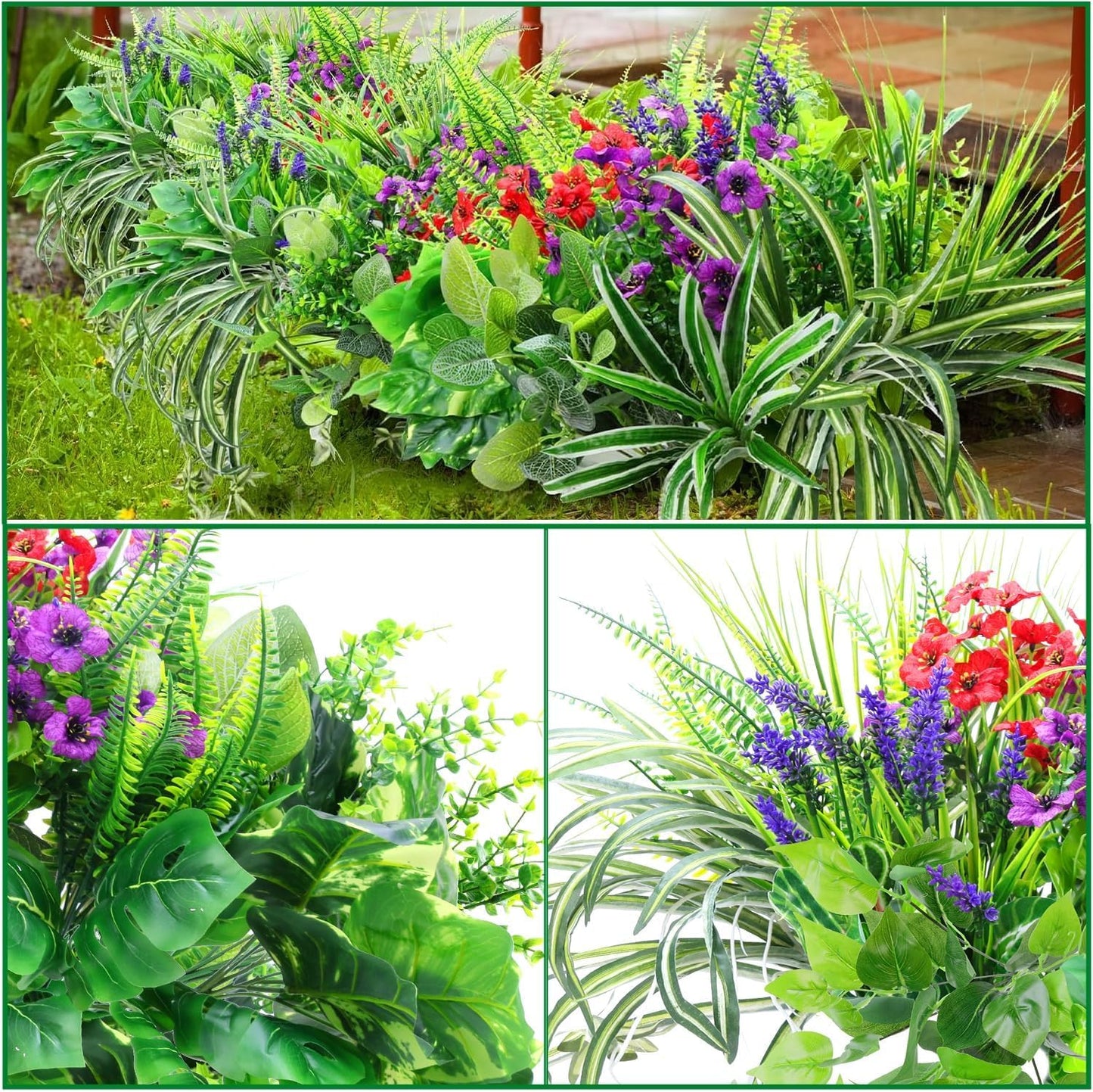 14 Bundles Artificial Plants Outdoor UV Resistant, Fake Greenery Plant Flower, Faux Boxwood Boston Fern Shrubs Bushes with Plastic Stems & Flowers for Garden, Porch, Planter, Patio, Xmas Decor