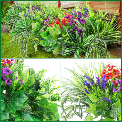 14 Bundles Artificial Plants Outdoor UV Resistant, Fake Greenery Plant Flower, Faux Boxwood Boston Fern Shrubs Bushes with Plastic Stems & Flowers for Garden, Porch, Planter, Patio, Xmas Decor