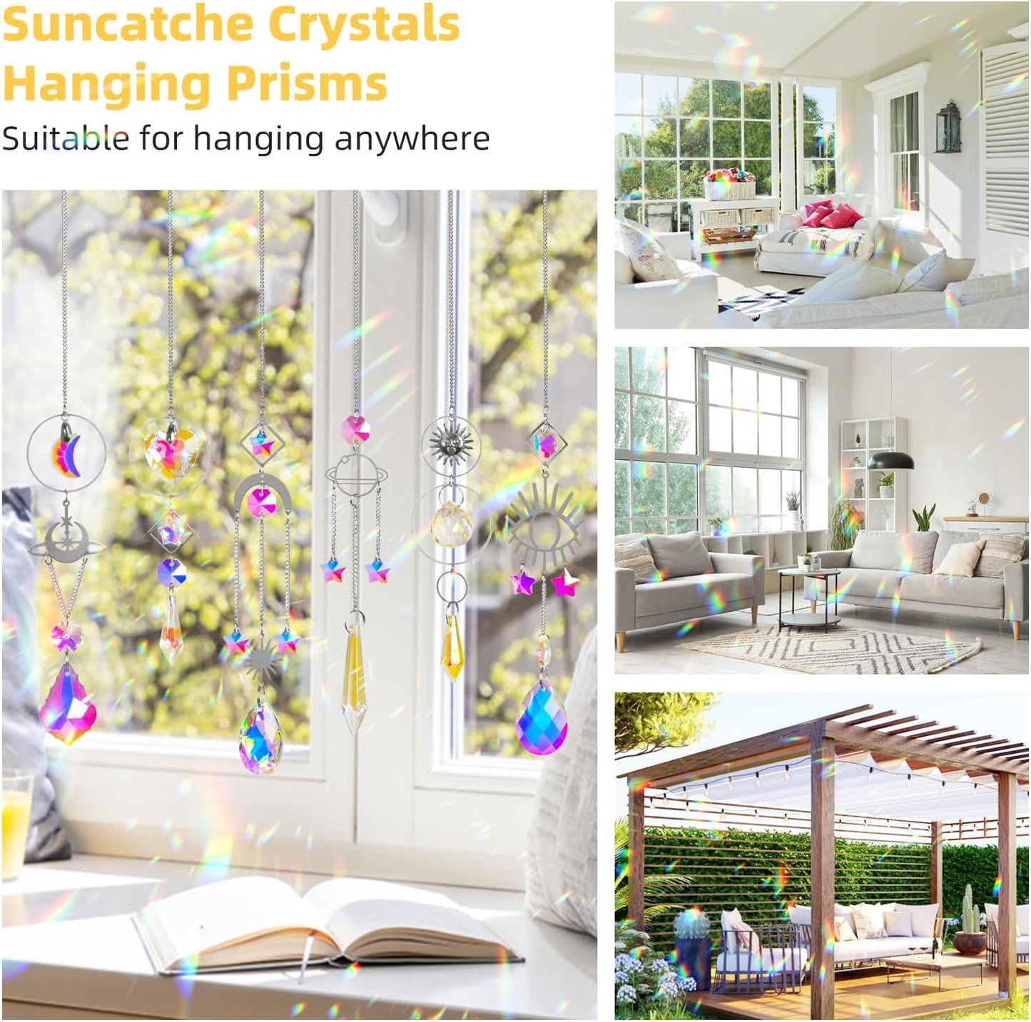 Sun Catchers 6Pieces Colorful Crystals Suncatcher with Chain Pendant Ornaments Hanging Crystals Prism Rainbow for Window Home Indoor Outdoor Car Mirror Garden Christmas Day Party Wedding Decoration