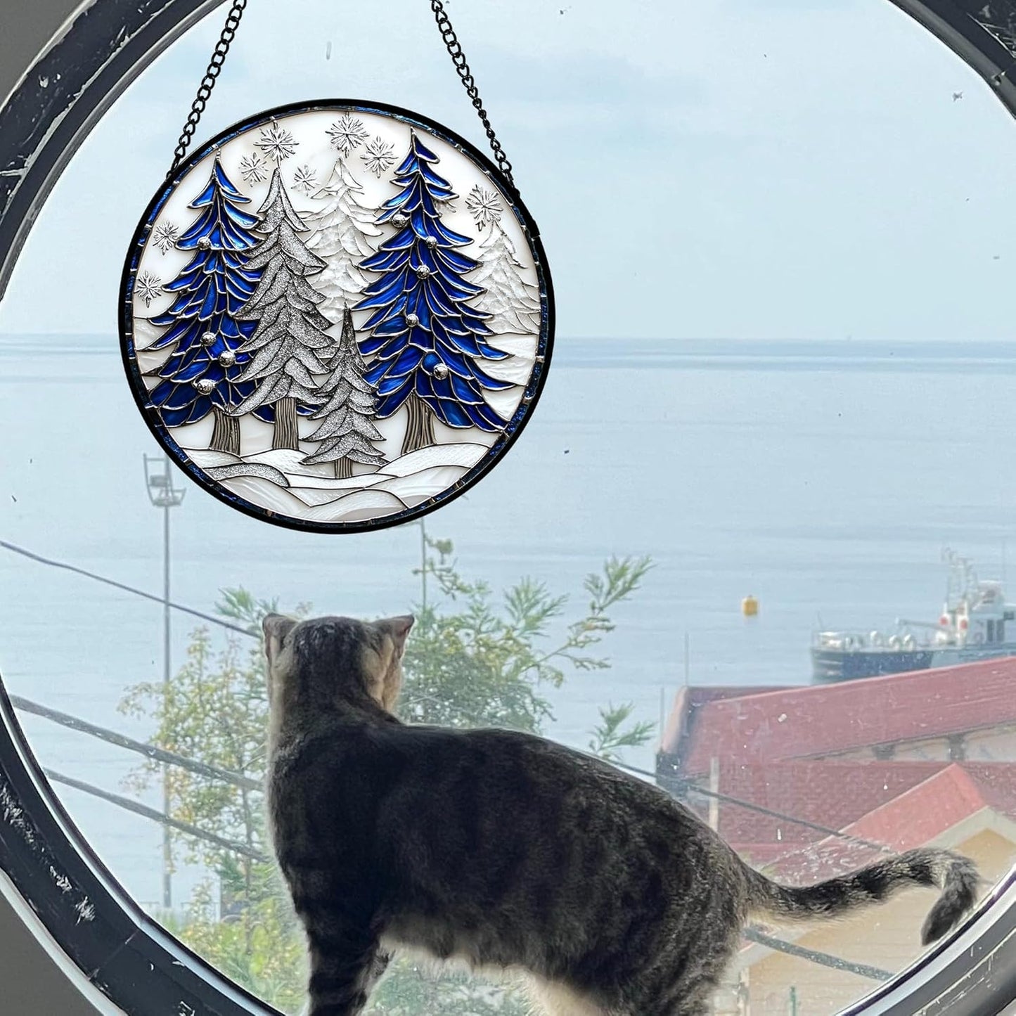 Stained Glass Window Hanging 4 Pcs Set White Winter Christmas Snow Scene 6.3" - Suncatcher Door Garden Sun Catcher Decor Birthday for Mom Woman Nana Men Friend Wife