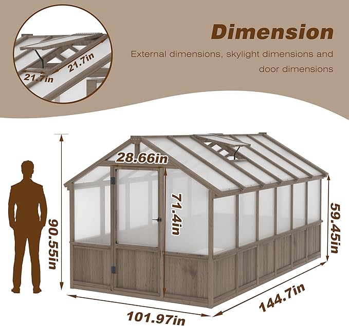 BlueWish 8x12 FT Greenhouse for Outdoors, Wood Green House with Cedar Frame & 6MM Thick Polycarbonate Panel, Walk in Greenhouse with Adjustable Vents for Outdoor, Patio, Garden, Backyard