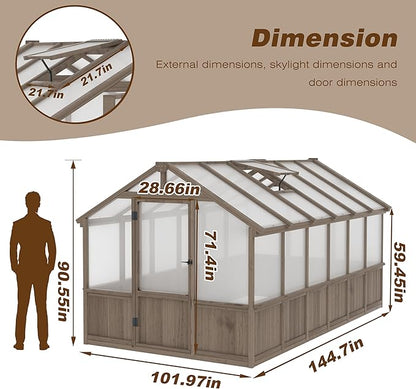 BlueWish 8x12 FT Greenhouse for Outdoors, Wood Green House with Cedar Frame & 6MM Thick Polycarbonate Panel, Walk in Greenhouse with Adjustable Vents for Outdoor, Patio, Garden, Backyard