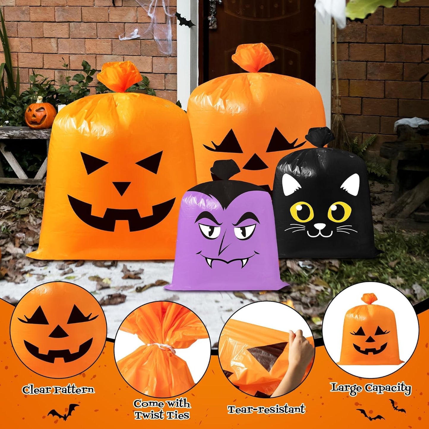CNhoqc Halloween Lawn Leaf Bags - 24Pcs Halloween Theme Pumpkin Black Cat Ghost Mummy Patterns Waste Bags with Twist Ties, Large Grass Plastic Trash Container for Garden Outdoor Halloween Decorations