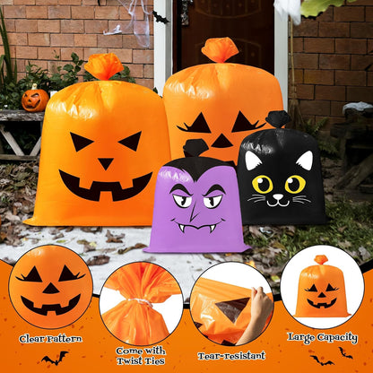 CNhoqc Halloween Lawn Leaf Bags - 24Pcs Halloween Theme Pumpkin Black Cat Ghost Mummy Patterns Waste Bags with Twist Ties, Large Grass Plastic Trash Container for Garden Outdoor Halloween Decorations